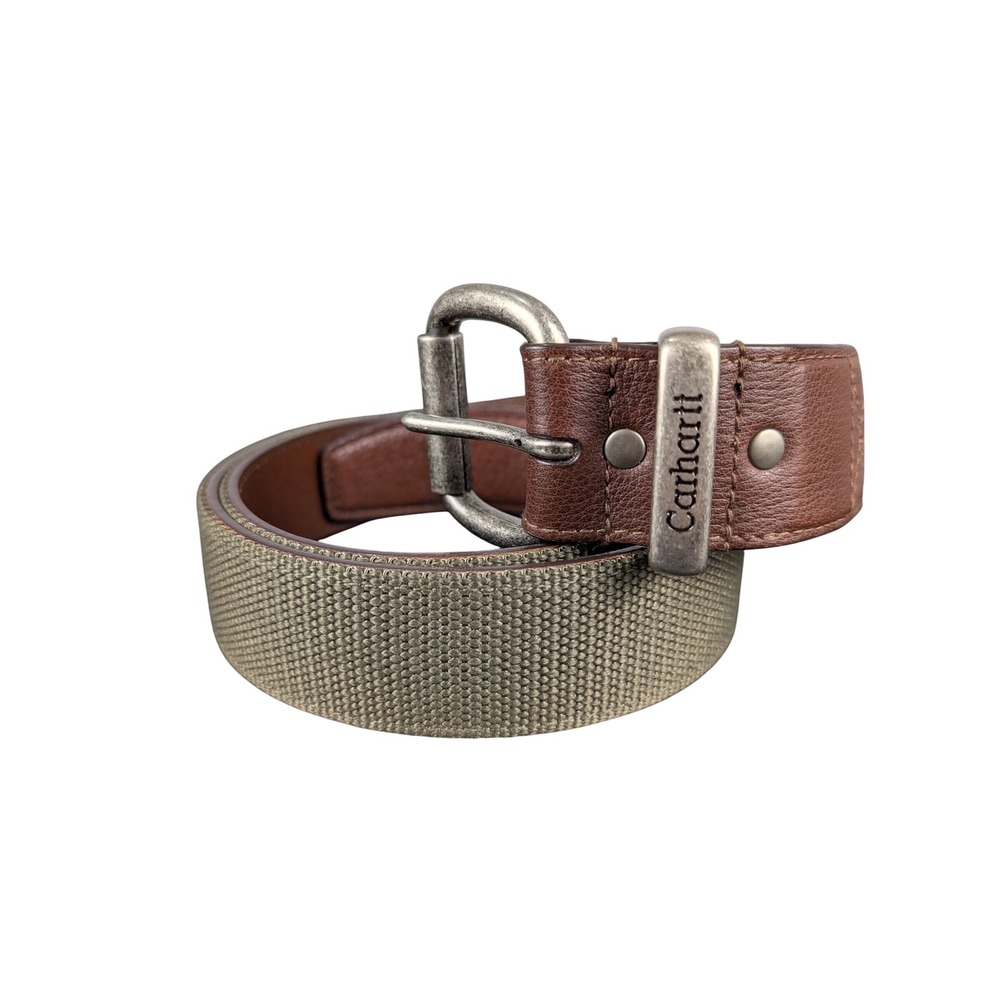 Carhartt Mens Moss Green Nylon Webbing Leather Belt Brown A159 Size 42